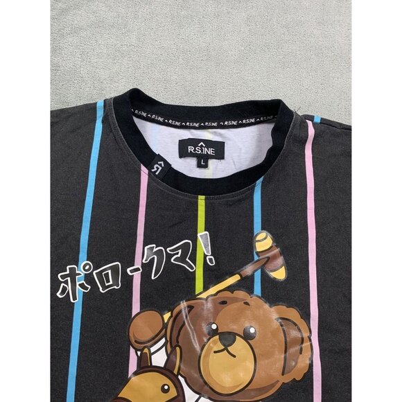R.SINE Shirt Men Large Black Striped Bear Polo Graphic Tee Streetwear Casual Y2K - Picture 7 of 11